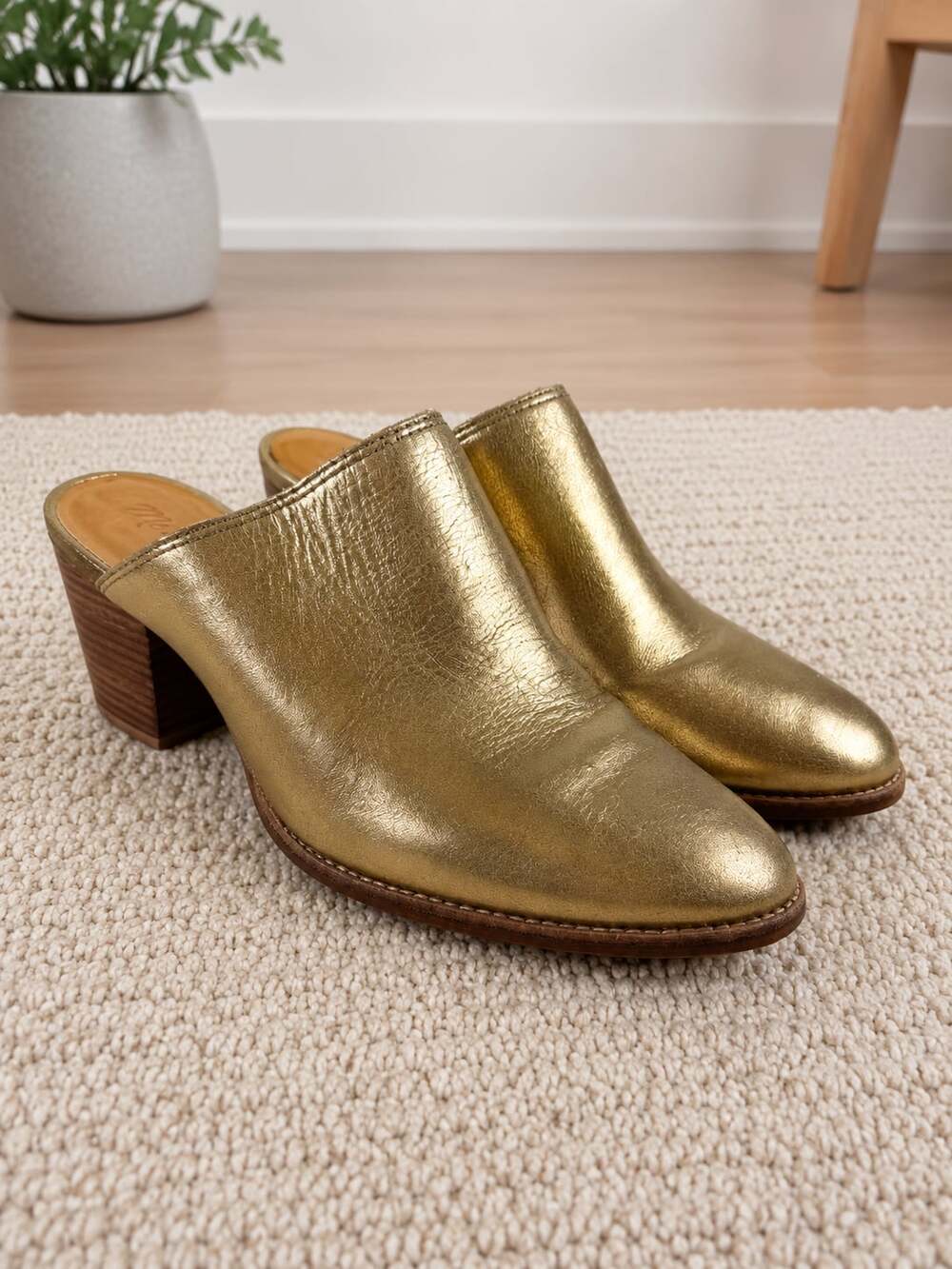 Madewell The Harper Metallic Gold Leather Mule Block Heel Shoes Women’s 7.5